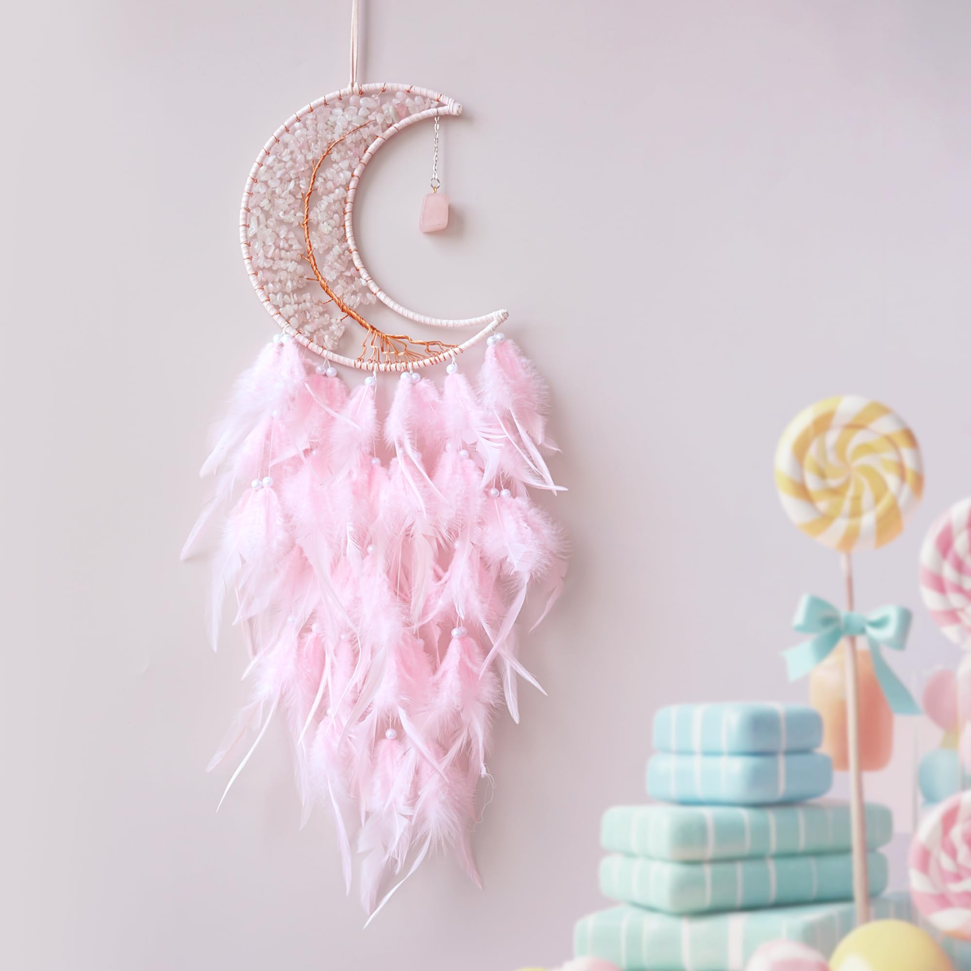 Moon Dream Catchers with Chakra Gemstone Agate Stone, Crystal Tree Life Dream Catchers Wall Hangings Room Decor (Pink)