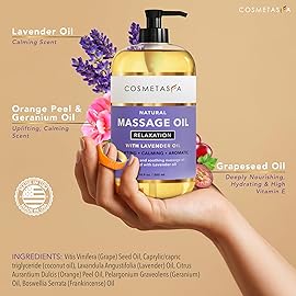 Cosmetasa Lavender Massage Oil for Massage Therapy - All Natural, Cruelty-Free & Spa Quality Skin Therapy Oil, Calming & Soothing Care - Lavender, Geranium & Grapeseed Oil (16.9 oz)