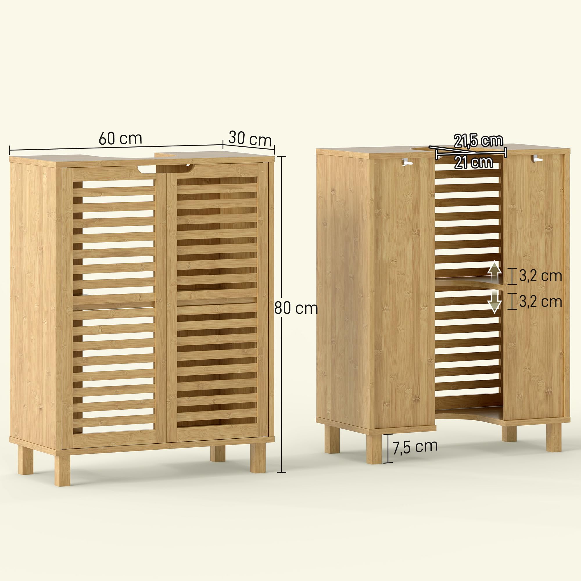 HOMCOM Mueble Bajo Lavabo de Bambú 2 Puertas de Lamas 60x30x80cm Natural | Estante Regulable, Mueble de Baño, para Lavabos con o sin Pedestal