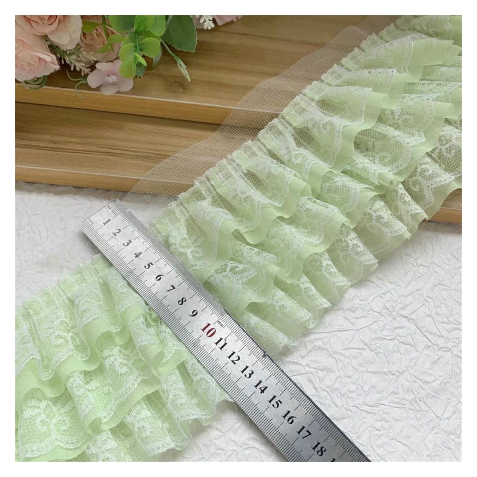 Spitzenborte zum Nähen, gerüschter plissierter Spitzenborte, 9,1 m, dreilagiger Chiffon-Rüschenborte, DIY-Dekoration (gebrochenes Weiß, 4,8 m)