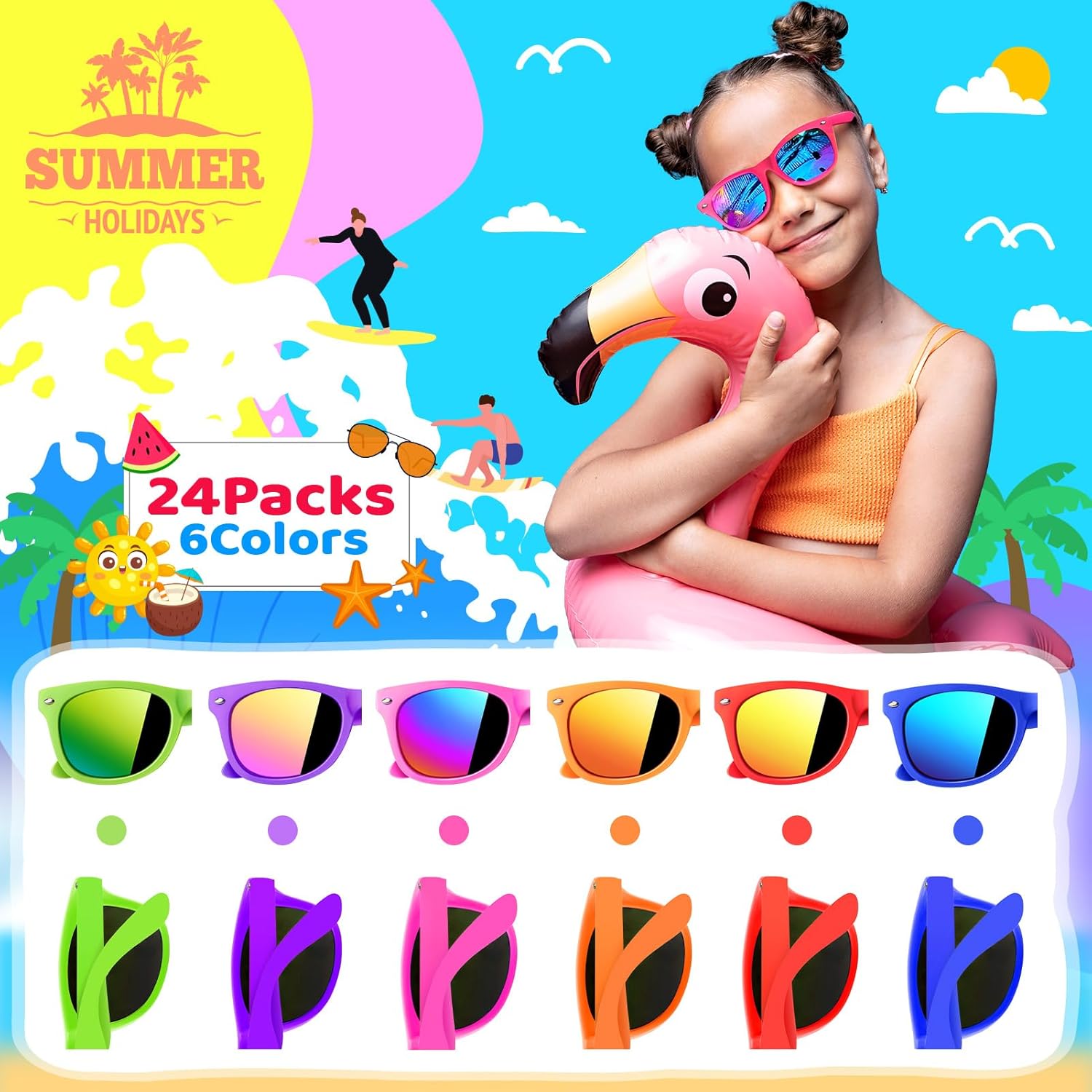 Kids Sunglasses Bulk, Party Favors for Kids 4-8,3-5, 24 pack Neon Toddler Sunglasses For Boys Girls, UV 400 Protection kids sunglasses, Great Gift For Birthday, Beach, Pool Party Supplies - Image 2