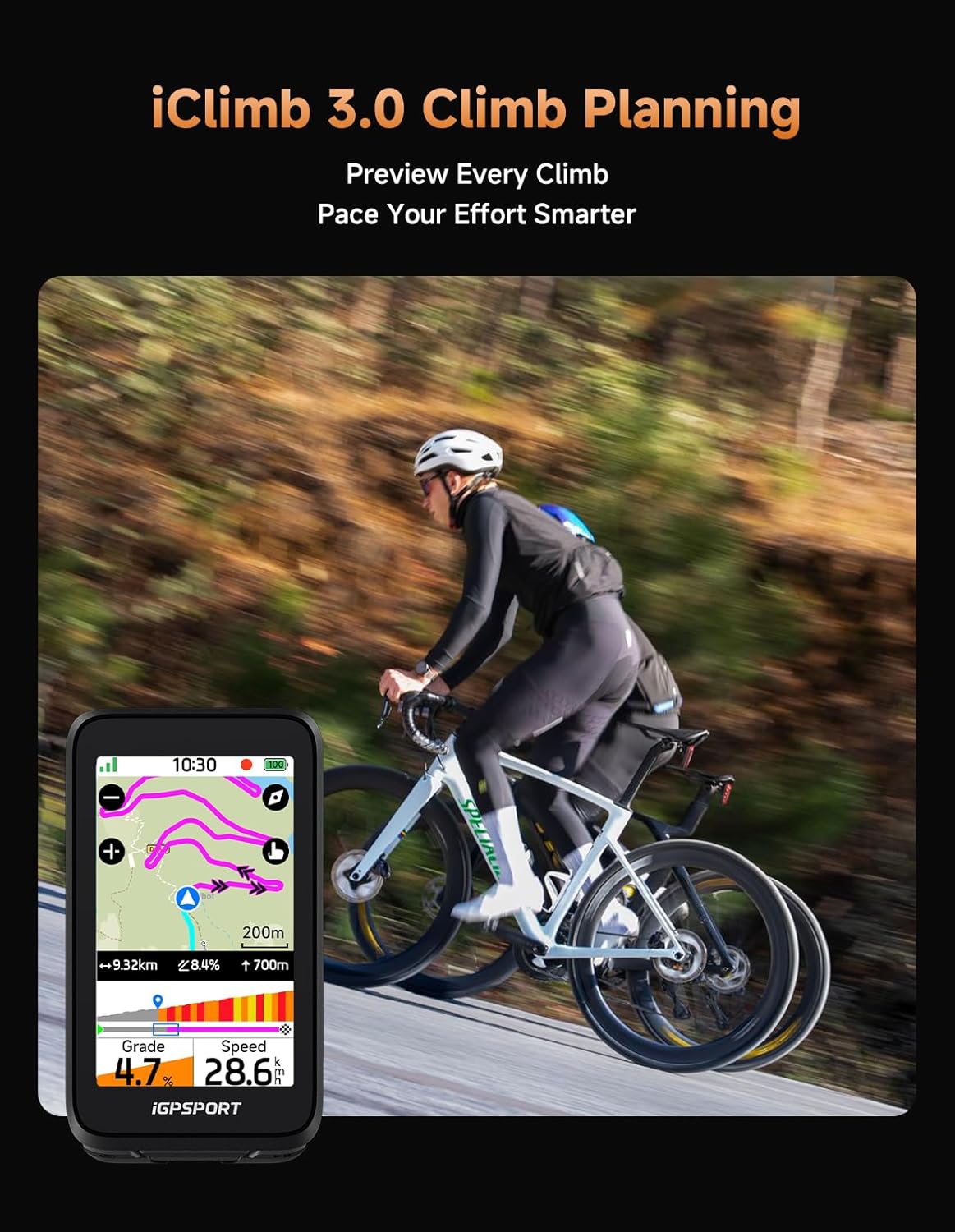 iGPSPORT BiNavi Air Bike Computer showing indoor training mode with a cyclist on a smart trainer.