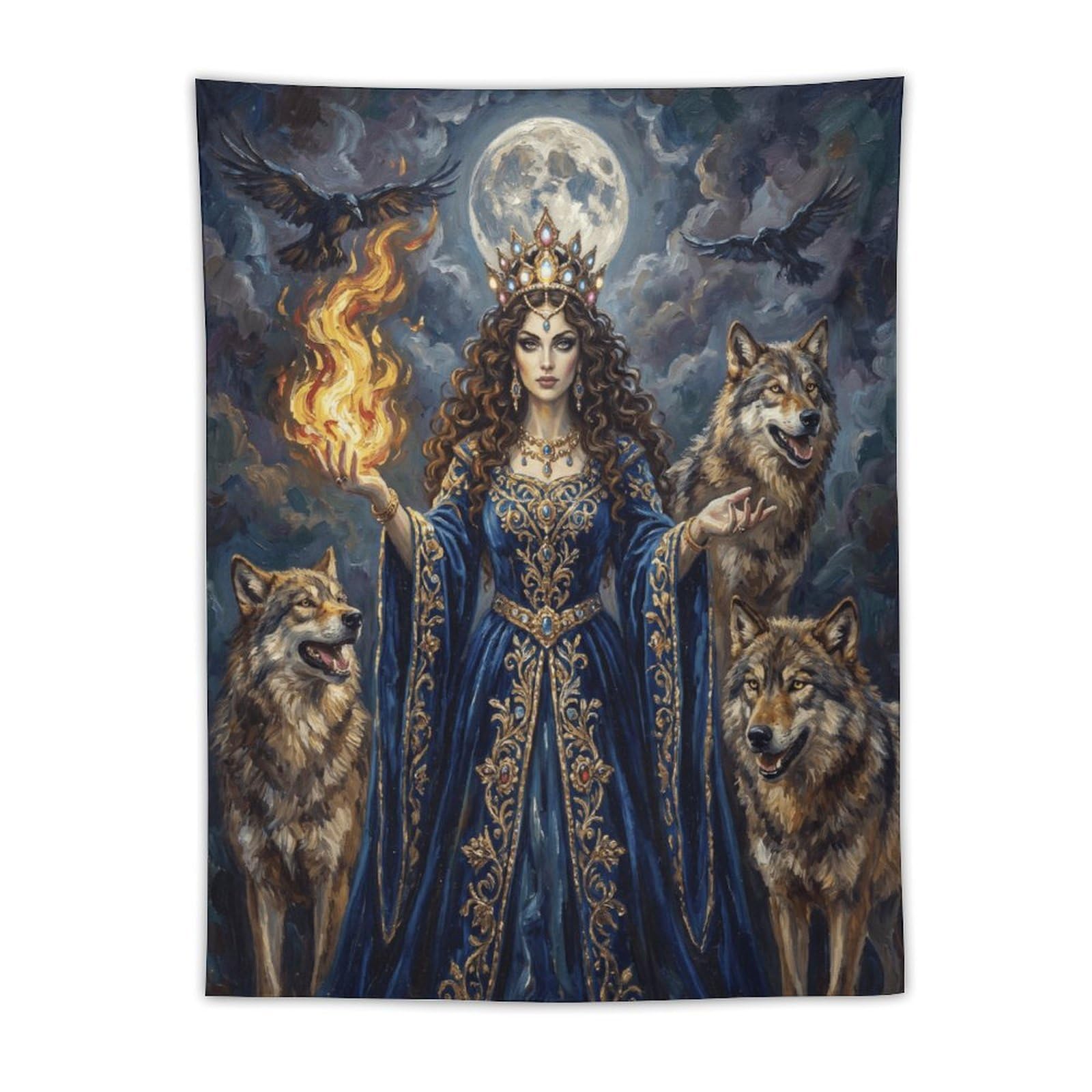 H3B8U2Y5 Wolf Goddess Blue Robe Wall Tapestry, Realistic Illustration