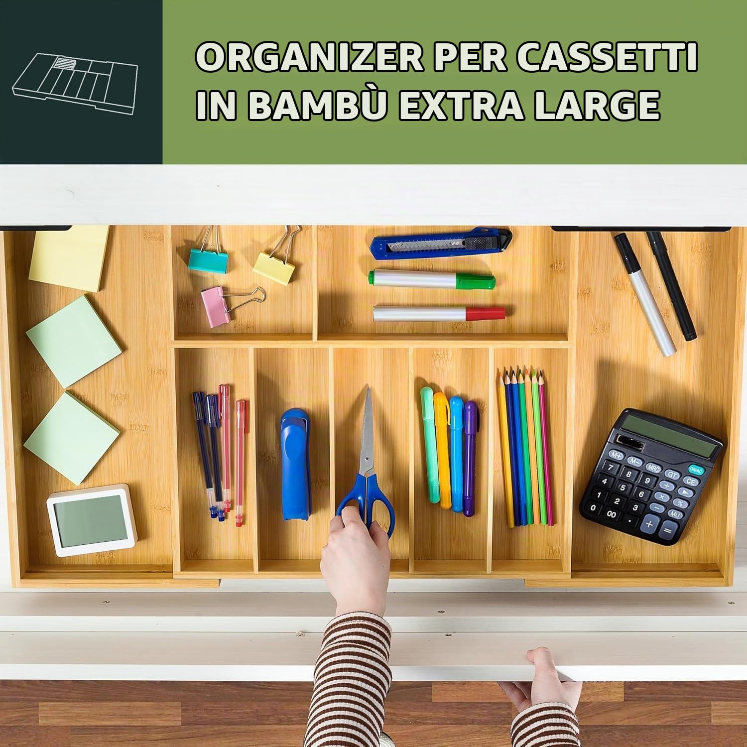VaeFae Portaposate da cassetto, estensibile con blocco per coltelli, ampio | Larghezza estensibile da 45,5 a 79 cm, 7–9 scomparti per cucina, blocco coltelli rimovibile, realizzato in bambù