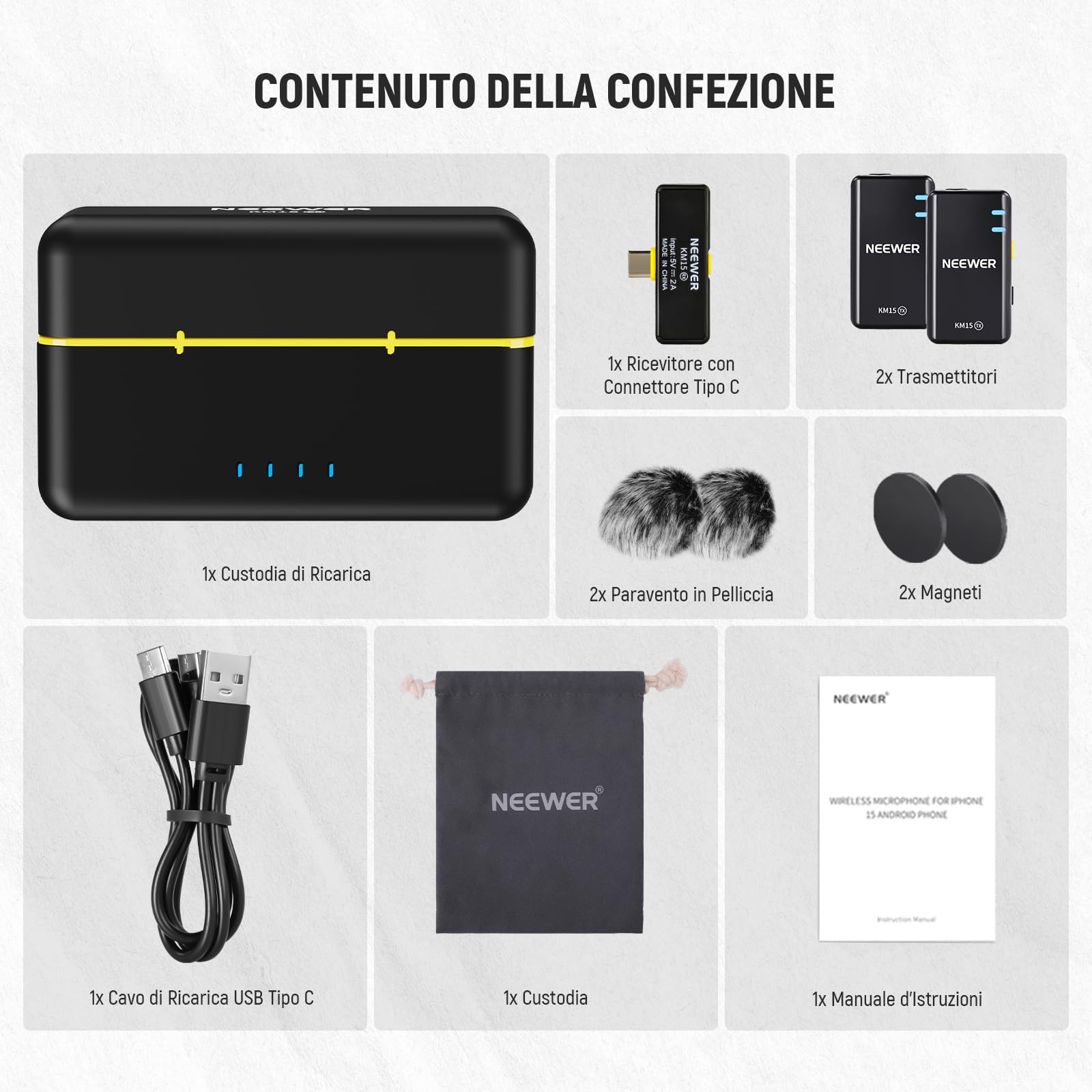 Neewer Kit di Microfono Wireless per iPhone 16 15 Pro Max iPad Android, Microfono Lavalier Anti Rumore con Ricevitore USB C e Custodia di Ricarica, Mini Lav Mic a Clip per Registrazione Video, KM15