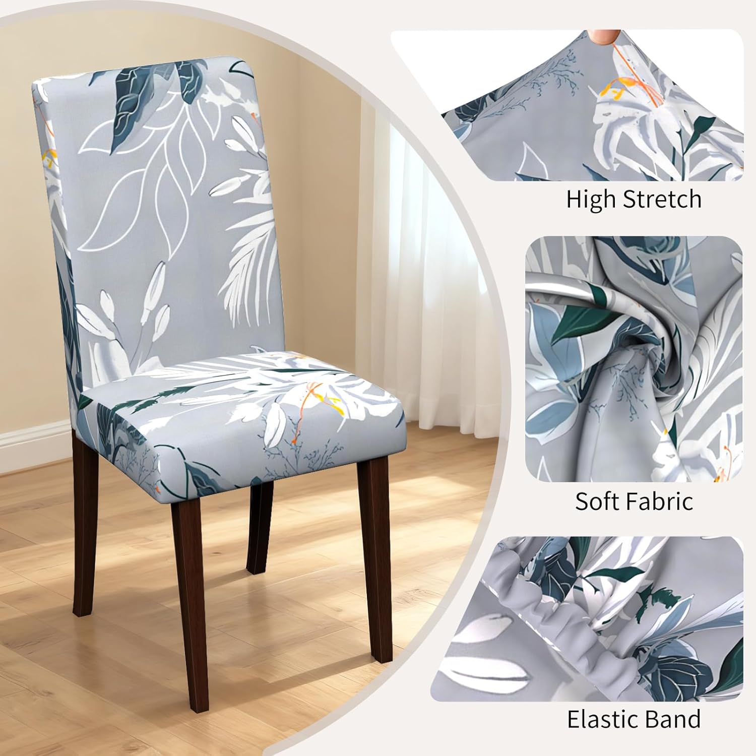 Chair Covers Dining Room Set of 6,Printed Patterned Stretch Non Slip Chair Slipcover Removable Washable Kitchen Chair Protector Cover for Home Hotel Banquet Party Office (Light Gray White Blue Leaf)