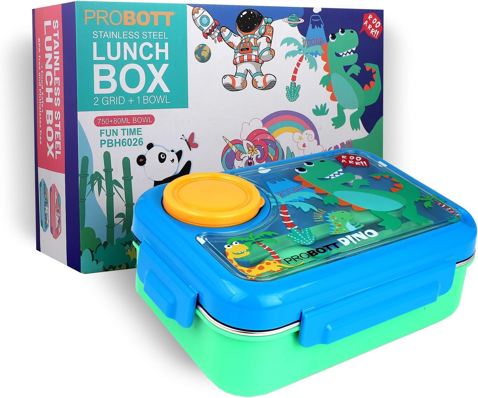 PROBOTT Fun Time 750ml Stainless Steel Lunch Box, 2 Compartment with 1 Bowl & 1 Spoon 1 Fork Tiffin Box, Character Lid Made with Heavy Quality PP Material Perfect for School, Office Use | Blue + Green