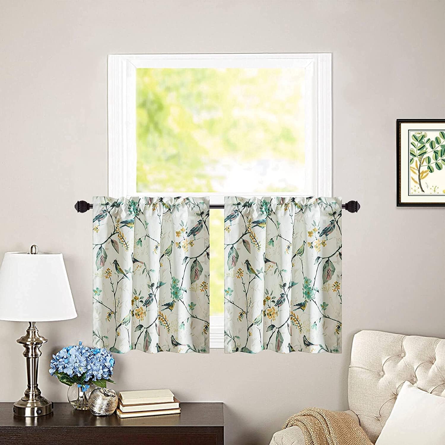 VOGOL Tie-up Valance & Tier Curtains Set, Natural Birds and Flowers Printed Elegant Window Curtain Drapes for Living Room Bedroom Decoration