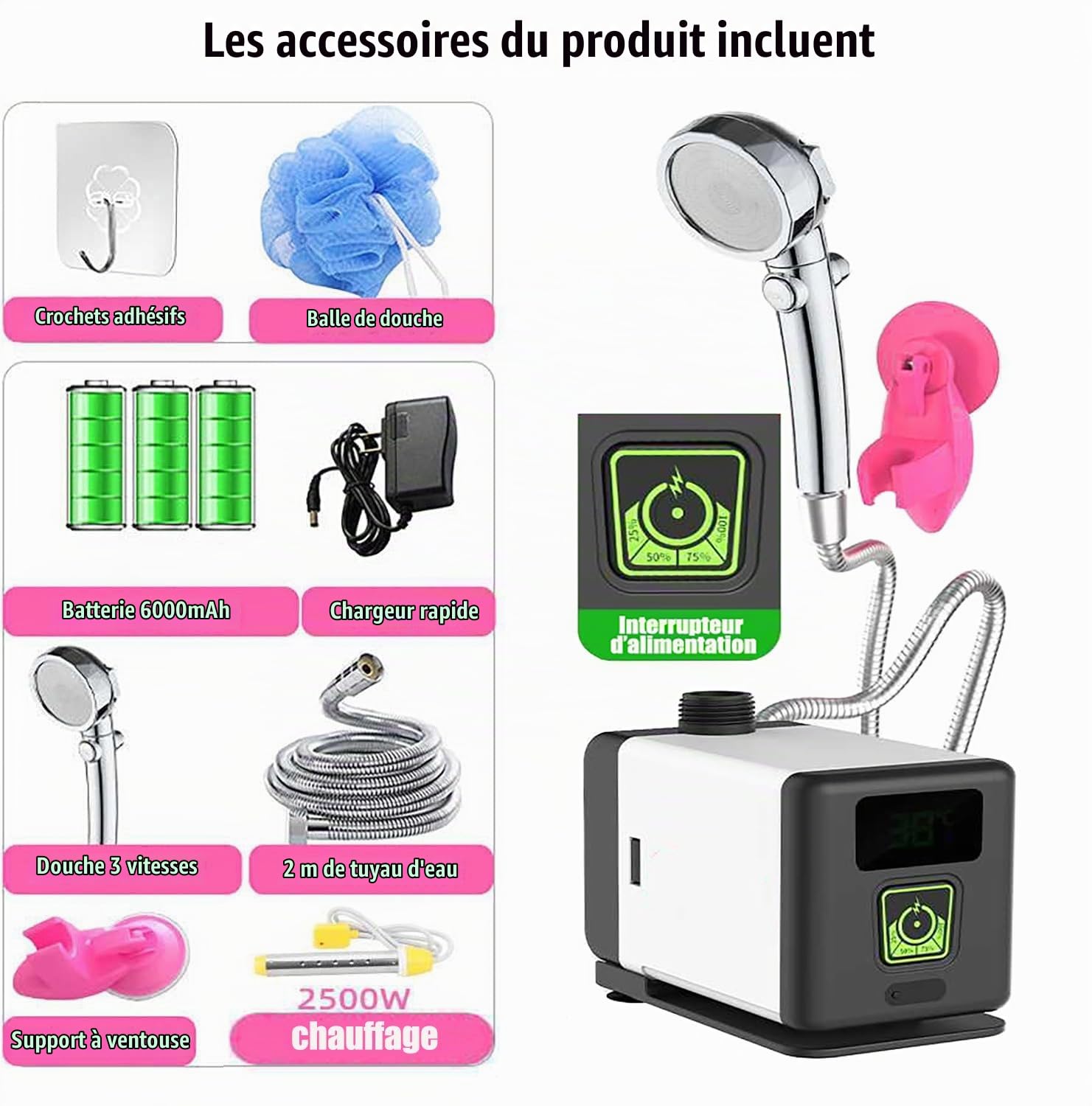 Douche Portable D'ExtéRieur, USB Chauffante Douche Rechargeable TempéRature Intelligente Douche De Voyage pour Le Camping Douche à 3 Positions, pour La Plage, Le Jardin