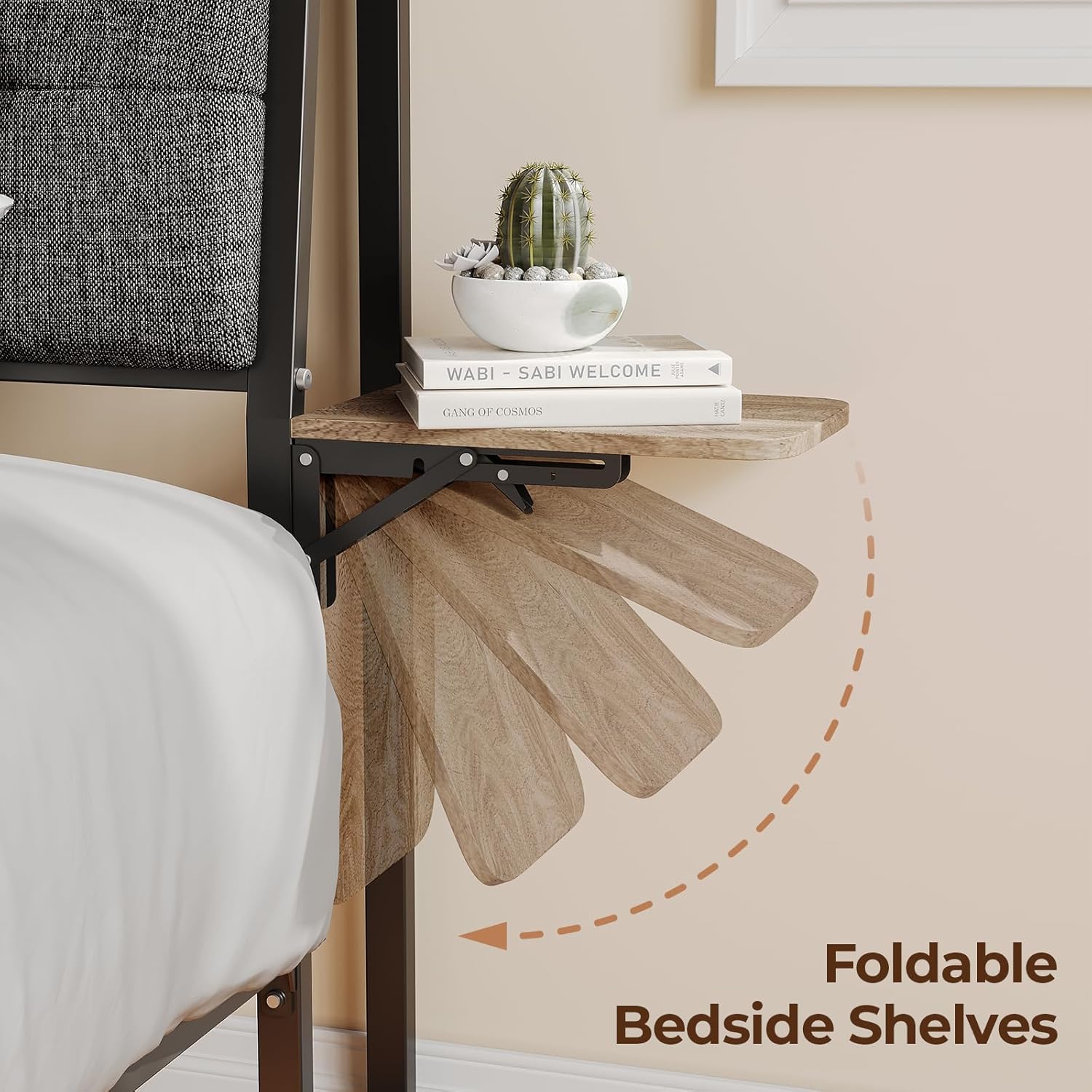 Queen Floating Bed Frame with LED & Charging Station, Ergonomic Upholstered Headboard with Folding Shelves Storage, Metal Slats Support, No Box Spring Needed, Easy Assembly, Noise-Free, Grey