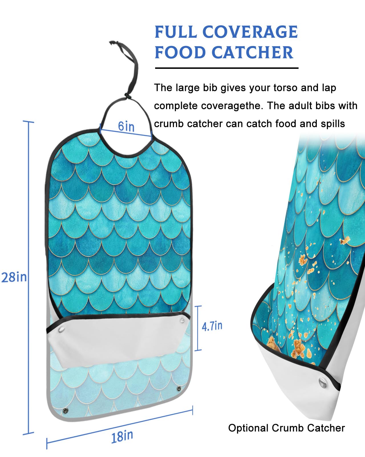 Teal Ombre Adult Bibs for Eating, Waterproof Bibs with Food Catcher & Adjustable Snap Closure, Watercolor Turquoise Fish Scales Art Aesthetics Clothing Protectors Adult Bibs for Elderly Women/Men