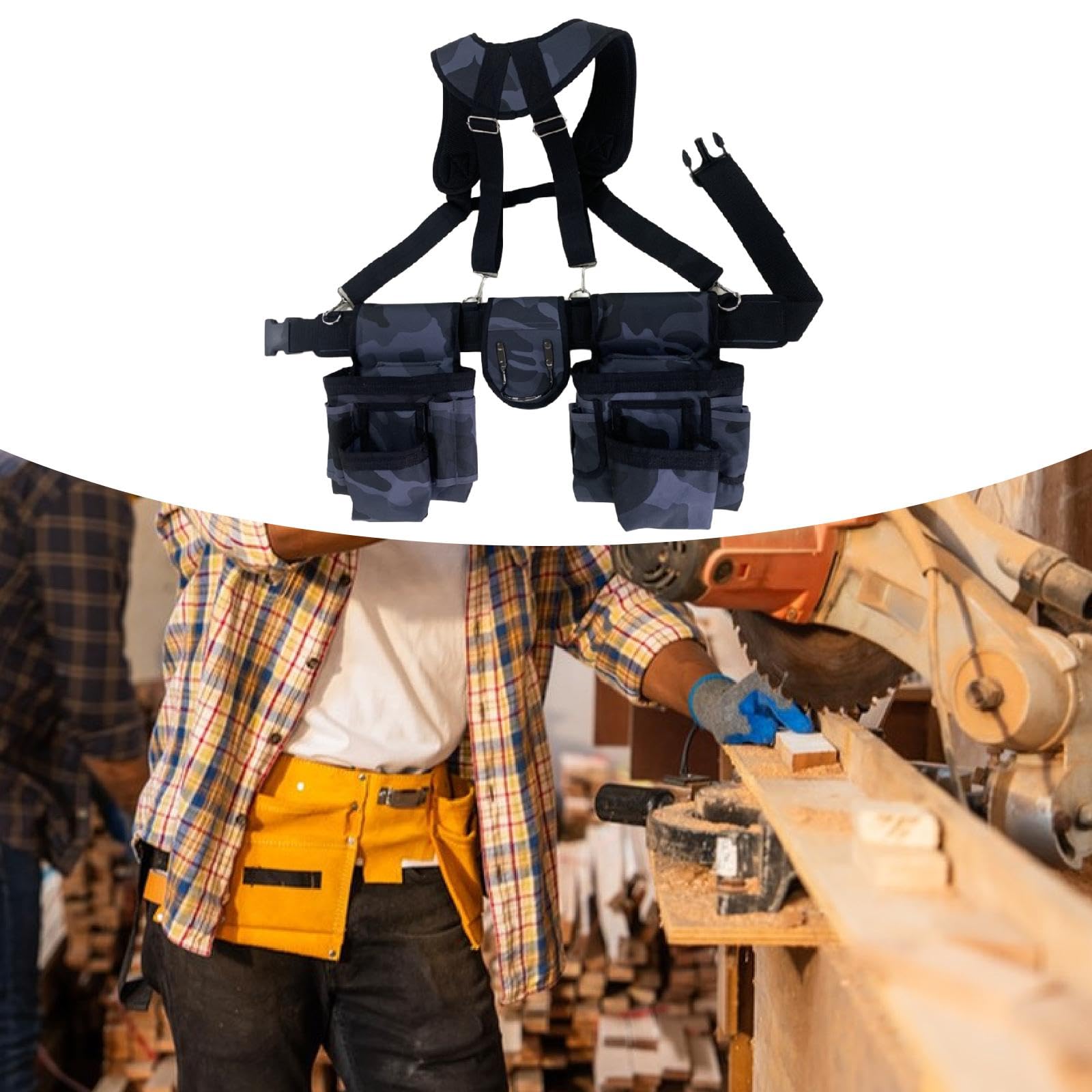 Ceinture Porte-outils avec Bretelles, Pochette Porte-outils, Pochette Porte-outils Ajustable à La Hanche, Organiseur pour électriciens et Ouvriers Du, Bleu Gris