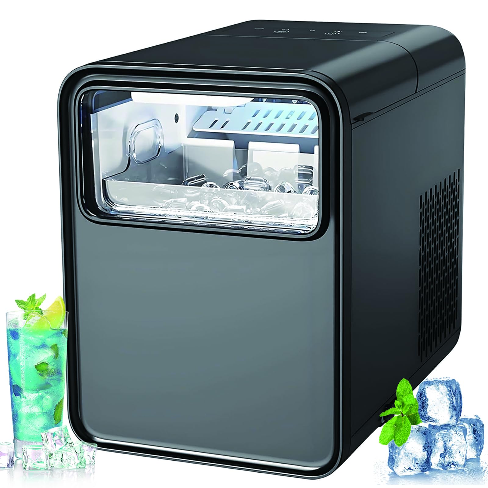 Fabricante de Hielo portátil de Nugget, 12kg de Salida Diaria, Listo en 6 Minutos, máquina de encimera Auto-linejante con Tanque 1.5L, Ventana Clara, Fiestas de Bar de Oficina en casa