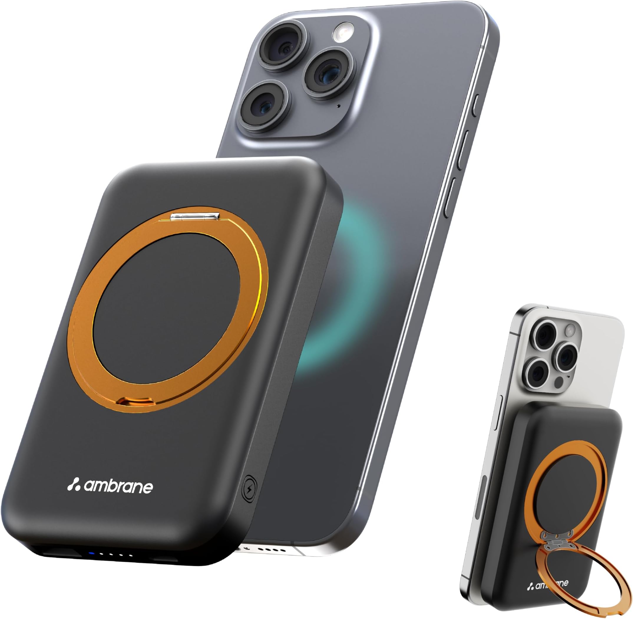 Ambrane MagSafe Wireless 10000mAh Fast Charging Power Bank with Mobile Stand, Strong Magnet, 22.5W Output for iPhone 12 & Above, Android & Other Qi Enabled Device + Magnetic Ring (Mount, Black)