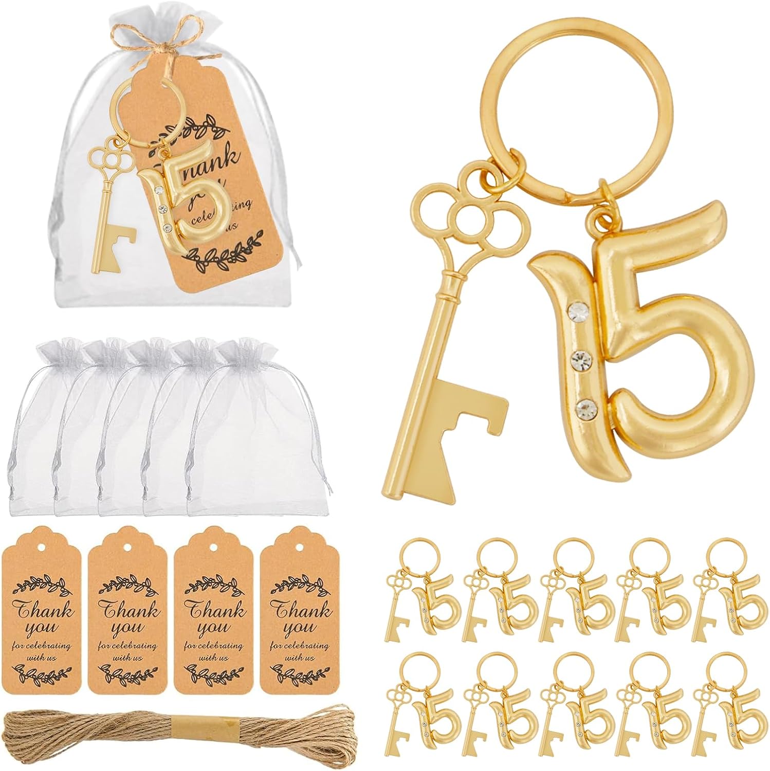 24Pcs 15th Quinceañera Key Bottle Openers Keychain Bulk 15th Birthday Party Favors, 15th Silver Beer Key Chain Ring Bottle Opener 15 Wedding Anniversary Return Gifts Souvenirs for Guests