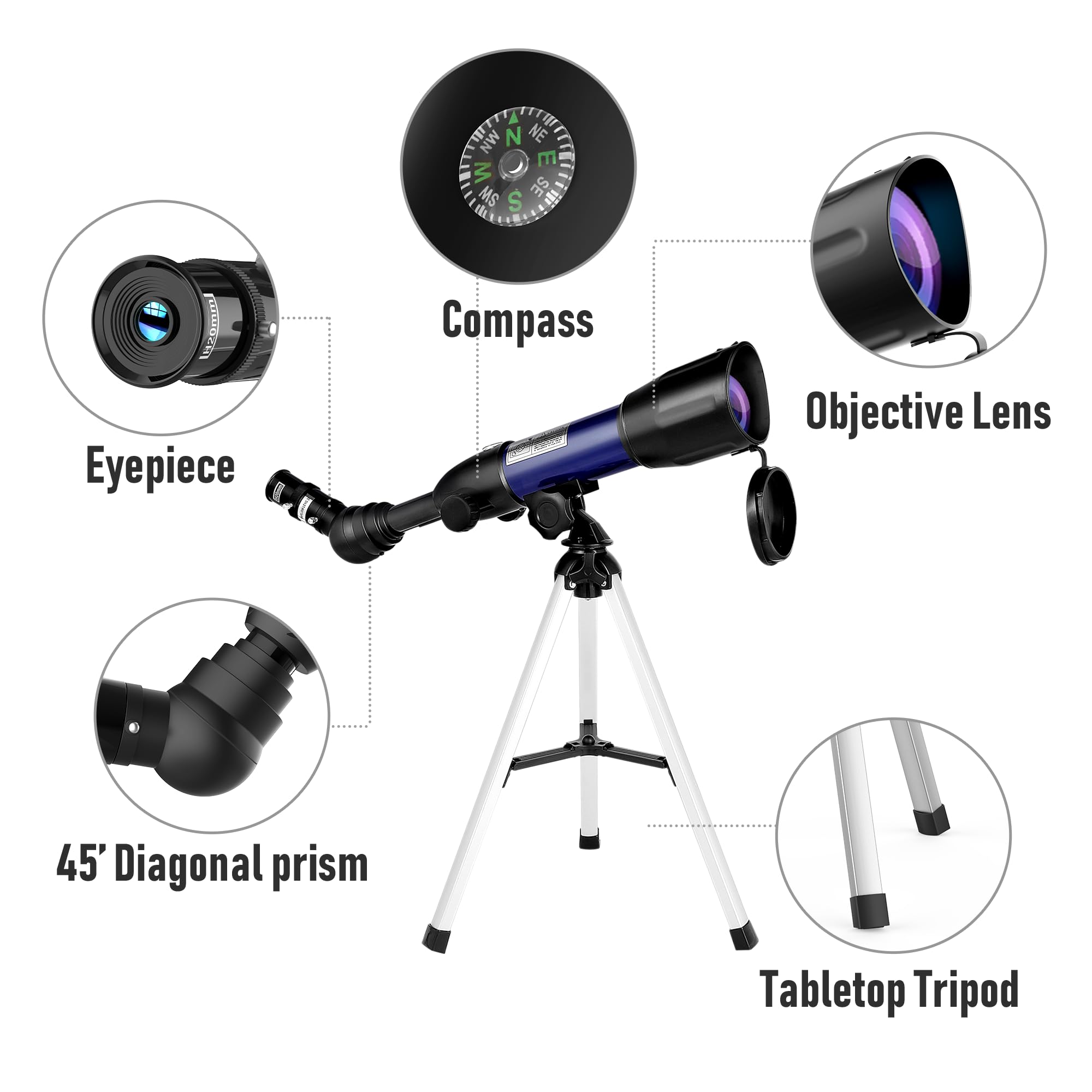 Télescope Astronomique Enfants, 360/50mm HD Réflecteur Télescope, Lunette pour débutants, Trépied Portable en Aluminium, Enfants Cadeau