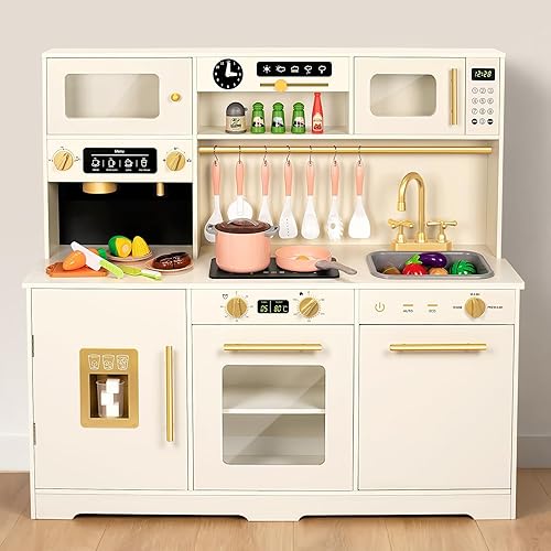 Juego de cocina de madera para niños pequeños, juego de cocina de juguete para niños, juego de simulación con 41 piezas de accesorios de comida y