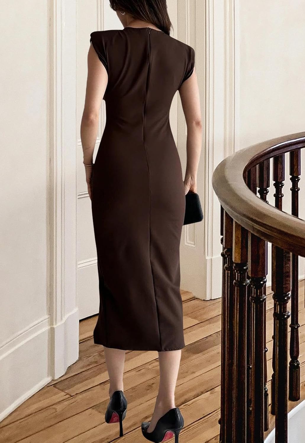 Women's Sexy Ruched Bodycon Midi Dresses Elegant Sleeveless Round Neck Split Party Dress - Image 3