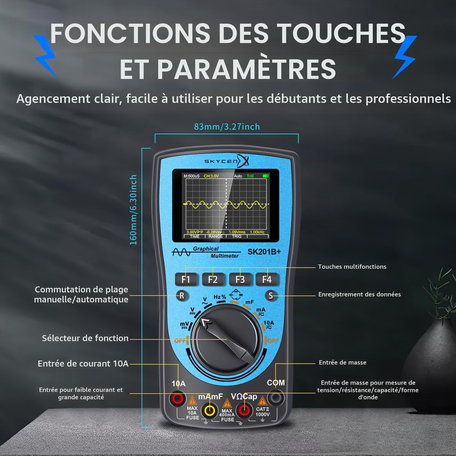 IN201B+ Oscilloscope numérique graphique intelligent Multimètre 2 en 1 avec écran couleur de 2,4 pouces Largeur de bande de 1MHz Taux d'échantillonnage de 2,5Msps pour le bricolage et les tests électr