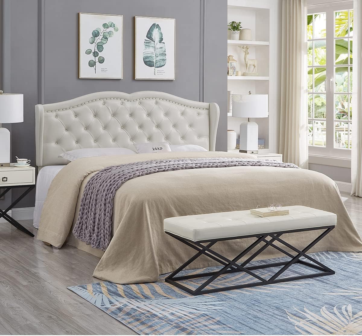 24KF Modern Wingback Upholstered Tufted Button King Headboard,Faux Leather Comfortable Fashional Padded King/California King Size headboard-6030-K-White