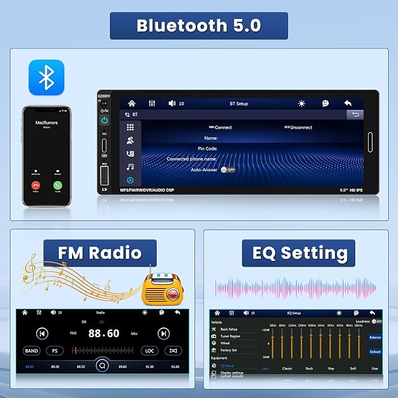 [Fuluku] 6.9 Inch Single Din Car Stereo with Wireless Carplay Android Auto | Wireless Carplay Android Auto,1 Din Car Radio BT with Backup Camera, Mirror Link, FM, EQ, USB/Type-C/Aux Input, Mic, SWC