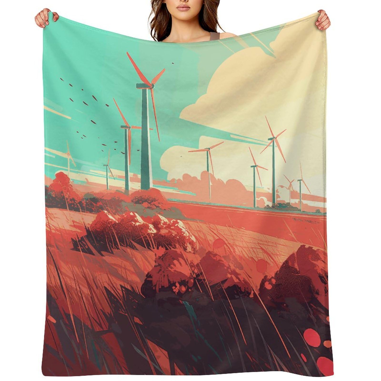 Flannel Windmill in Field Throw Blanket for Couch Super Soft Fuzzy Cozy Flannel Blankets No Shed No Pilling FAnti-Static Winter Bed Blanket Decorative and Giftable Blankets