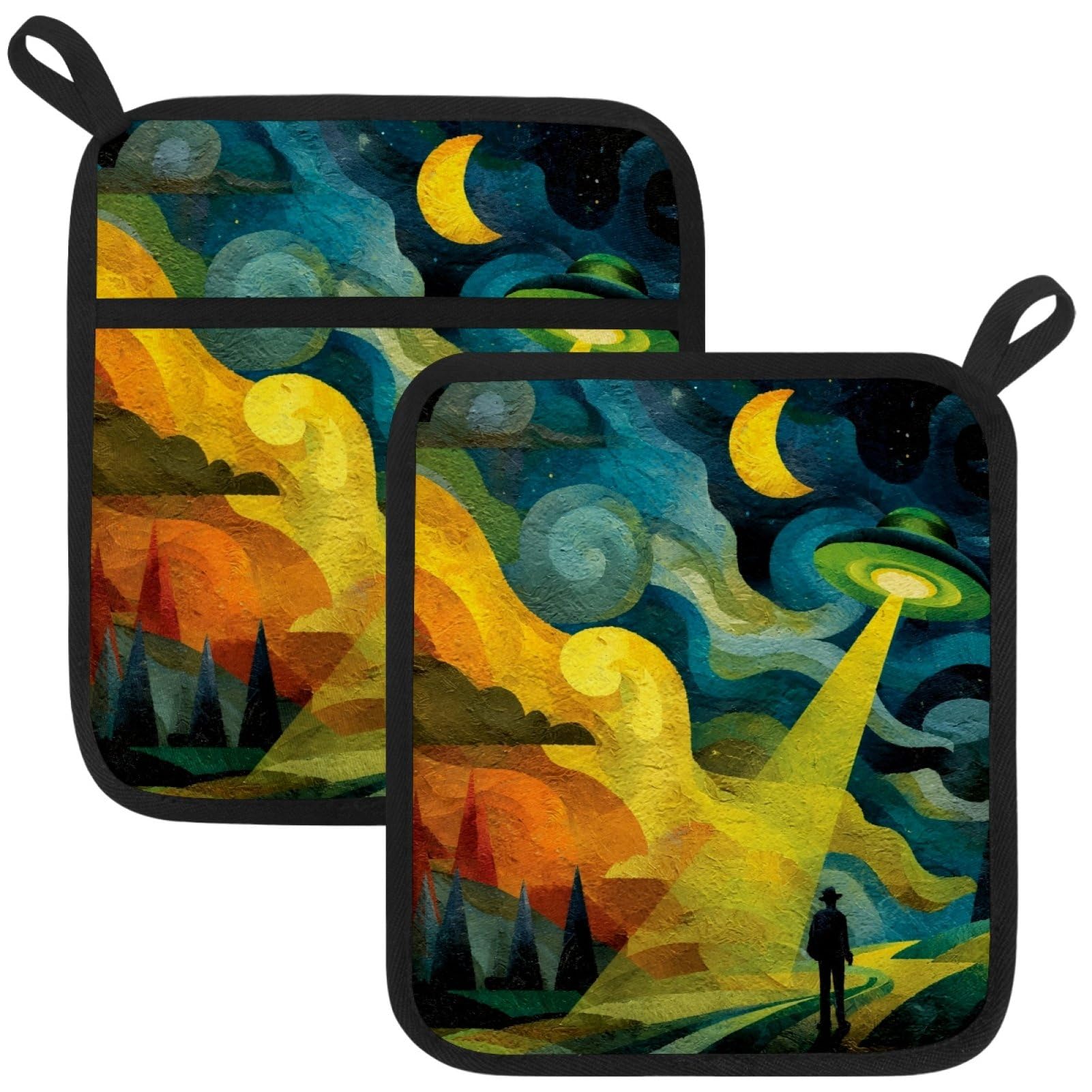 VAPOKF Cartoon UFO Moon Pot Holder, Heat Resistant Oven Cloths, Potholders & Oven Gloves, for Kitchen Cooking & Baking, Thick & Safe, Protection of Hands From Hot Utensils