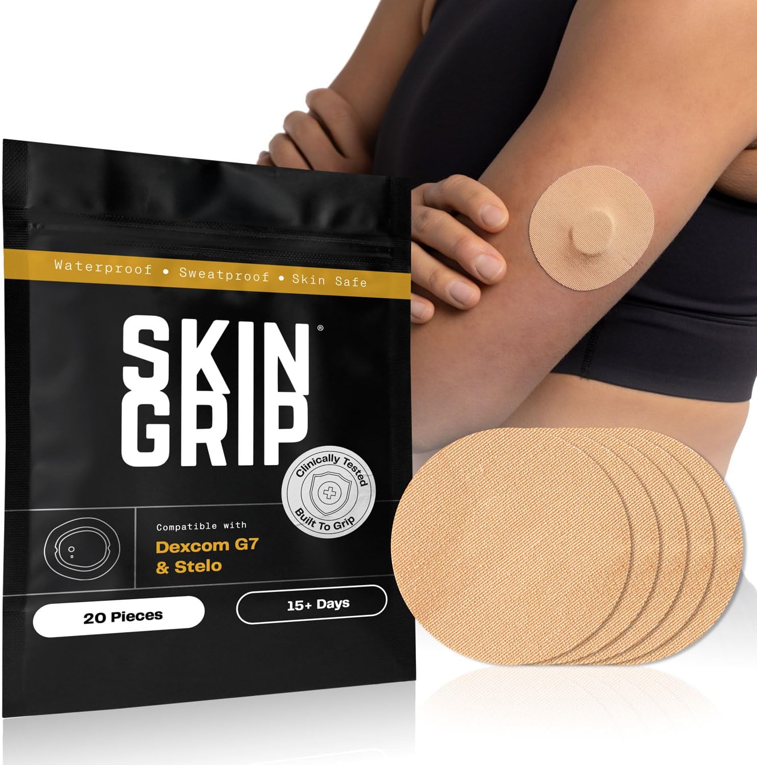 Skin Grip Adhesive Patches Compatible with Dexcom G7 & Stelo CGM – Waterproof & Sweatproof Cover for Continuous Glucose Monitor Sensor, Stays Secure for 10-15 Days – 20 Pack, Tan