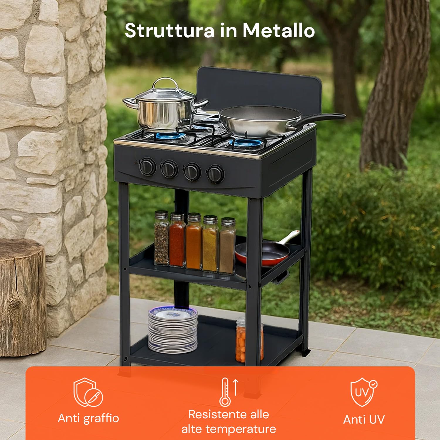 Placa de cocción de 4 fuegos de gas para exterior con estructura resistente de metal, estantes laterales de acero, conexión bombona GLP, ideal para camping y barbacoas, color negro