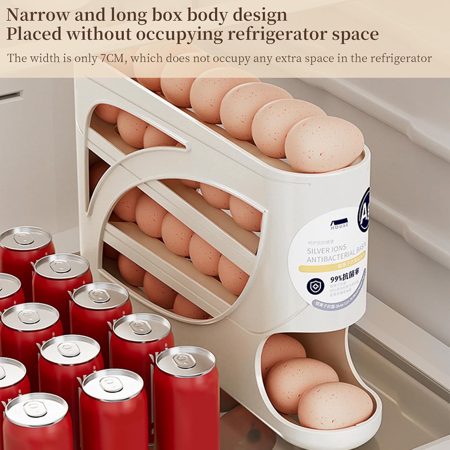 4 Tier Egg Holder for Fridge, Auto Rolling Egg Organizer Rack with Slide Design, Space-Saving Storage Tray for 30, Stackable Container for Refrigerator Kitchen (White) image 4