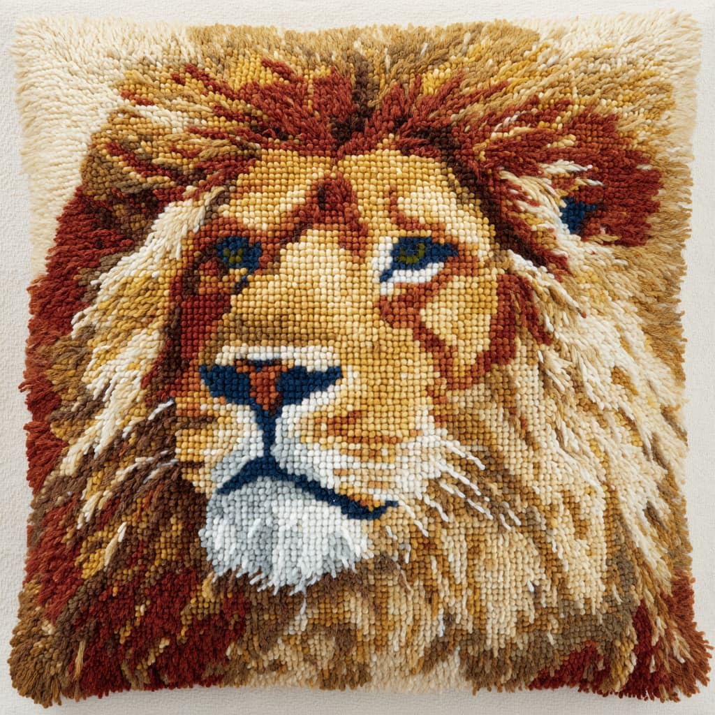 Taxpy Latch Hook Cushion Kits, Animal Lion Pillow Case Rug Cover Beginner DIY Needlework Embroidery Kits Handmade Set 43 * 43cm