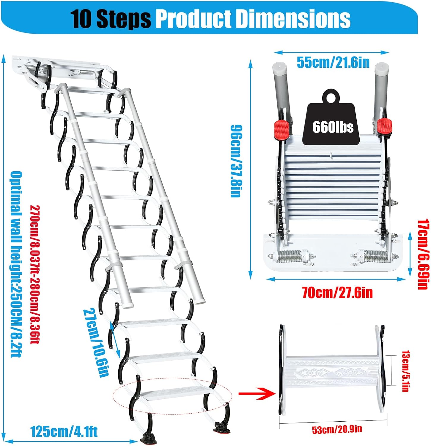 10 Steps Retractable Loft Foldable Ladde, Extra Wider 4in Wall Mounted Folding Ladder Pull Down System with 2 Handrails, Wall 27x6.5in Size, 660lb Capacit,8.03-8.36ft Vertical Height (10 Steps)