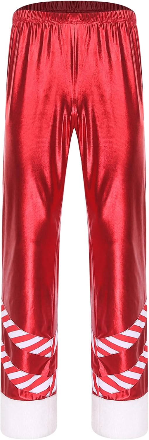 Adult Men Santa Claus Xmas Trousers Straight-Leg Long Pants Candy Cane Costume Carnivals Clubwear