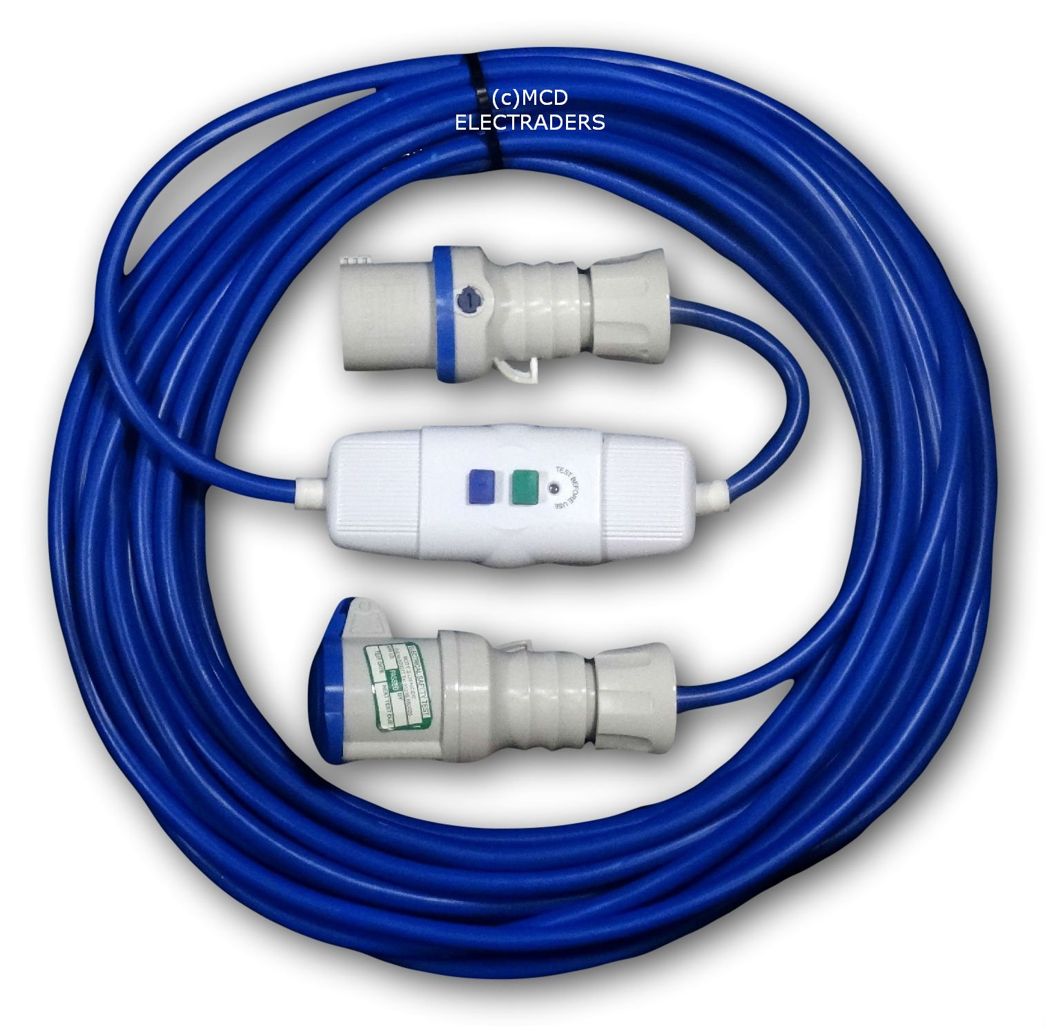 10 metre Blue Caravan Hook Up/Extension Cable with 16 Amp Plug, In-line RCD & 16A Coupler - Professionally assembled by MCD Electrical