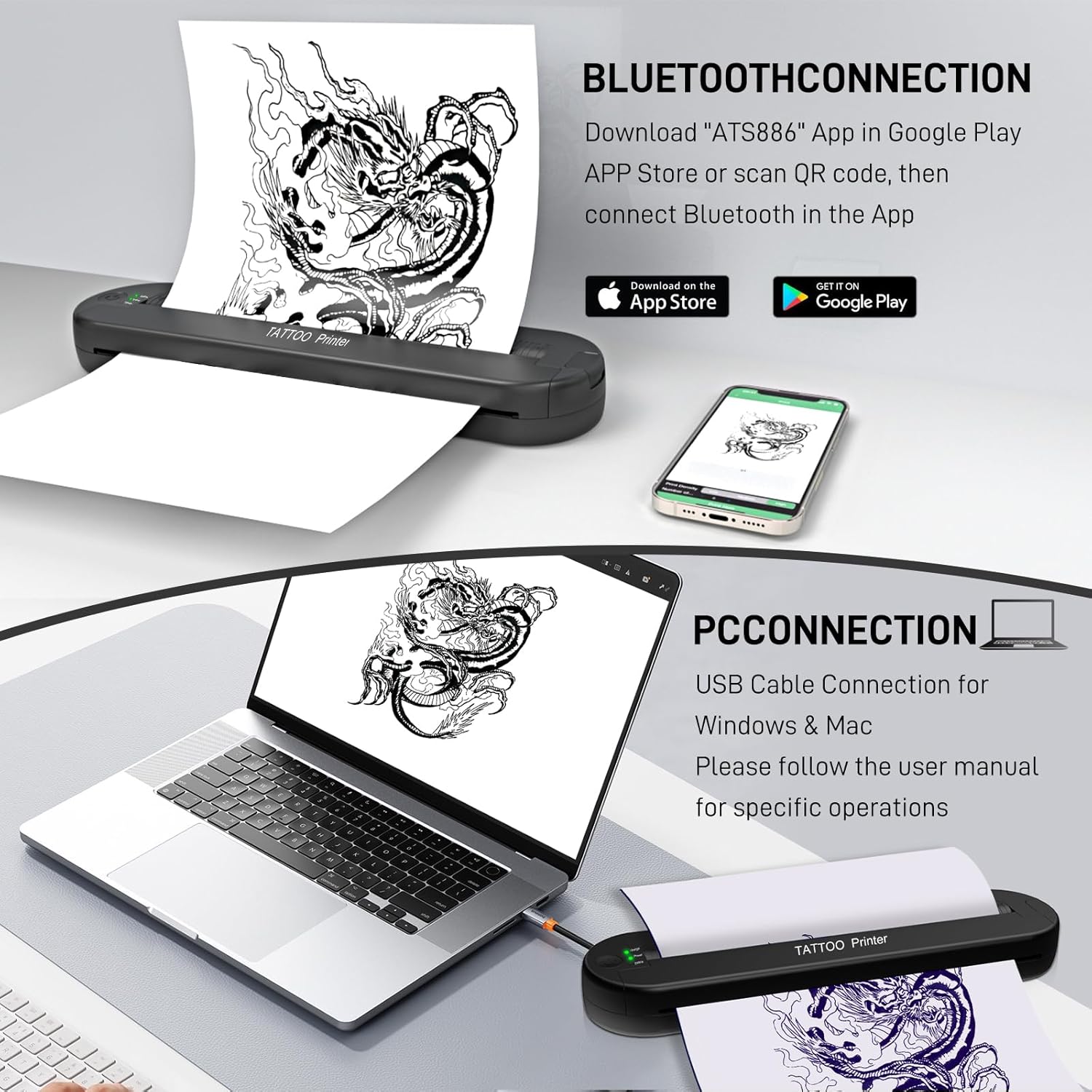 Tattoo Stencil Printer YILONG ATS886L, Thermal Printer Tattoo with 15 Pcs Transfer Paper, Bluetooth Tattoo Machines for Artists and Beginners, Tattoo Machine