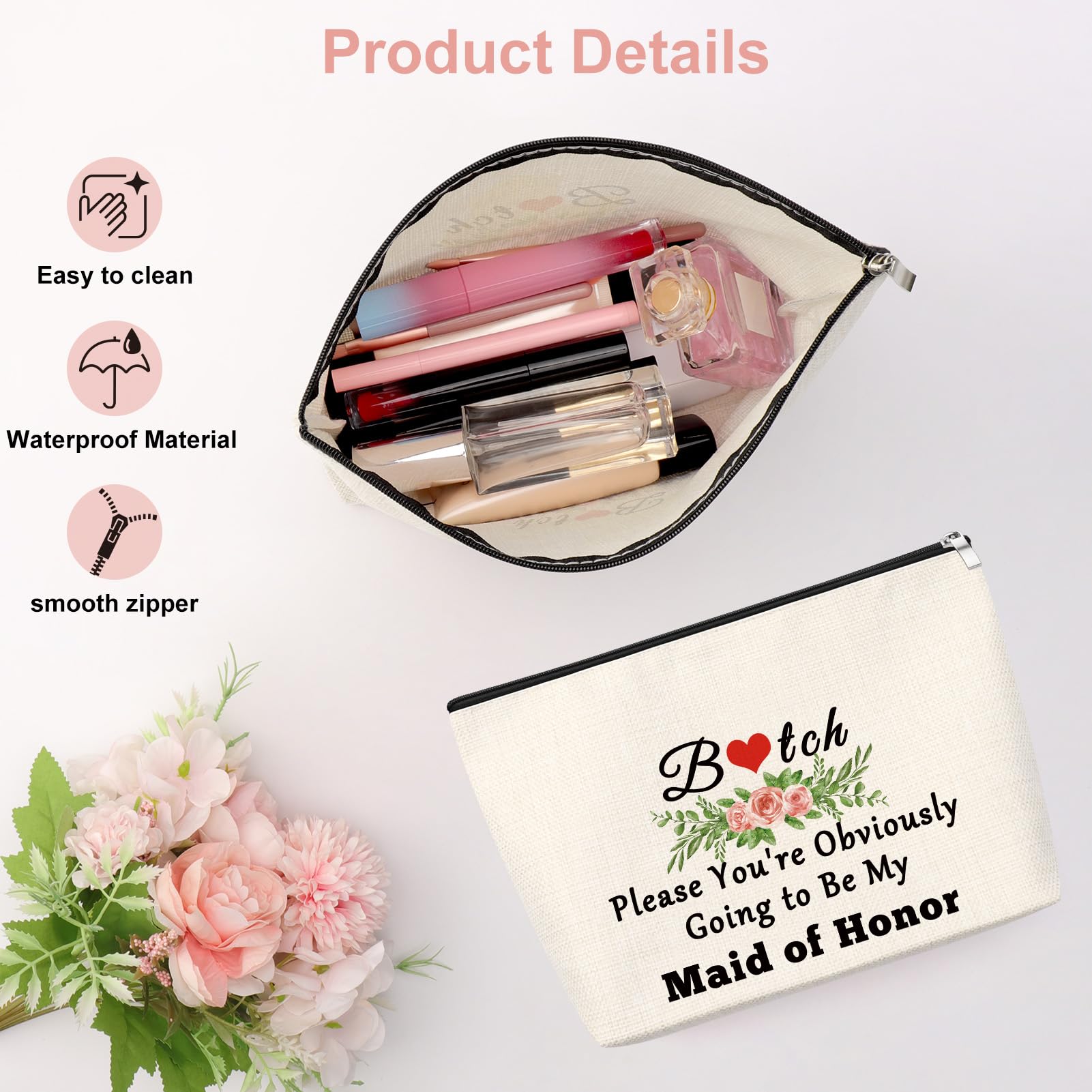 Bridesmaid Gift Maid of Honor Makeup Bag Wedding Gift for Bridesmaid Bridal Shower Gift Bachelorette Party Gift for Best Friend Sister from Bride Bridal Party Gift Travel Cosmetic Pouch - Image 3