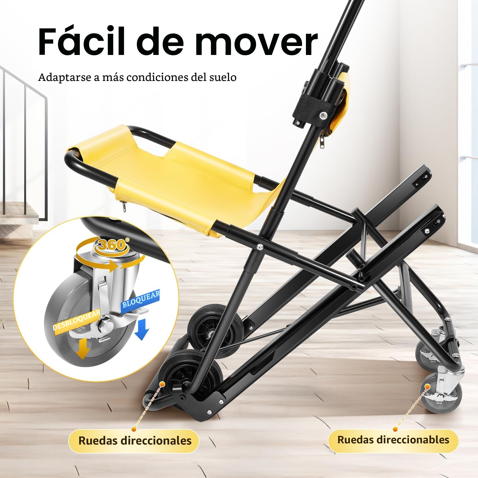 Silla de ruedas plegable para subir escaleras plegable, con reposacabezas ajustable y cinturones de seguridad