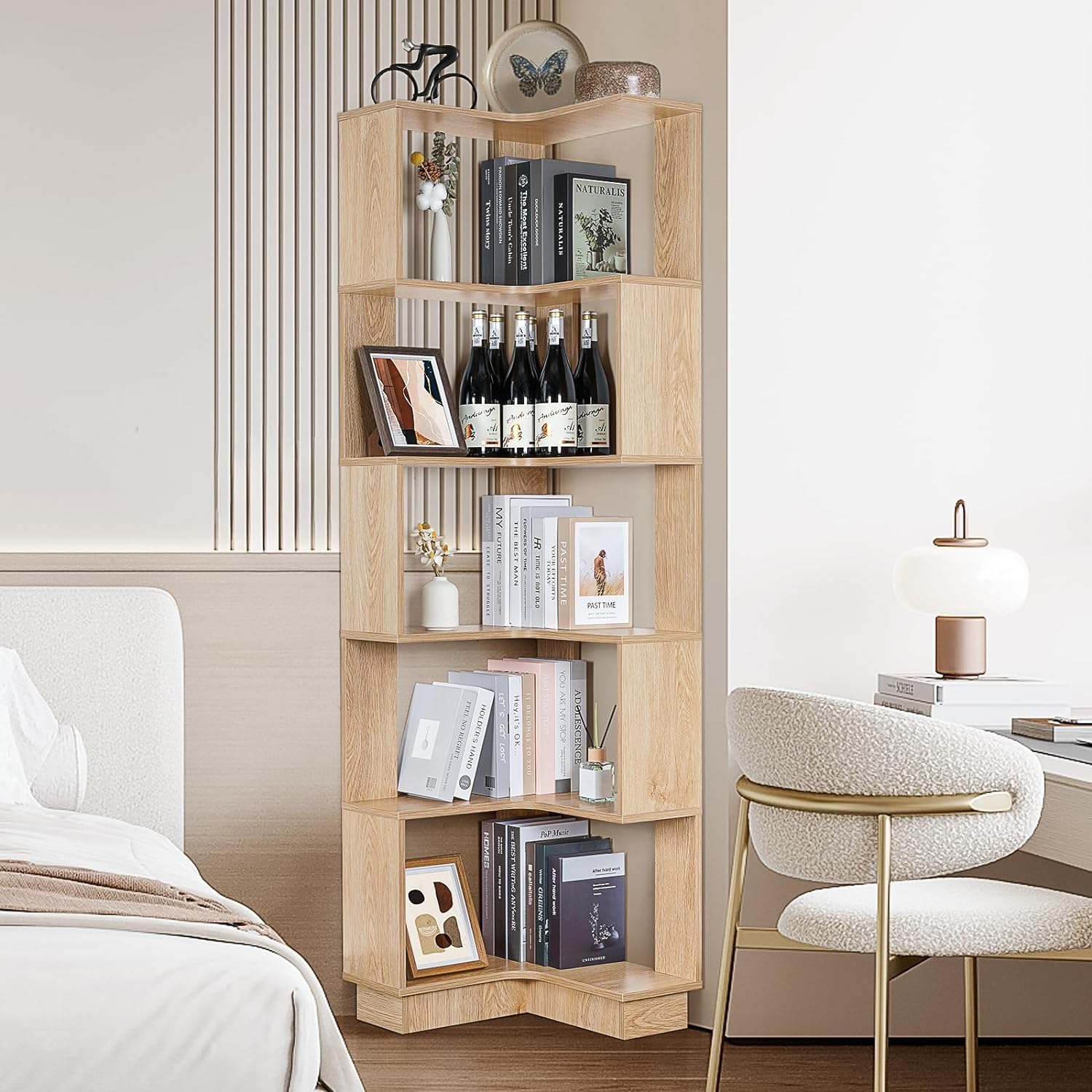 uyoyous Estantería esquinera de 5 niveles, de pie, 175 cm de altura, de madera, gran estantería abierta, estantería de almacenamiento, armario de esquina para salón, dormitorio, estudio y oficina