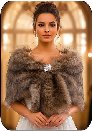 Womens Fur Shawls and Wraps Wedding Fur Scarf Faux Bridal Stole with Brooch for Brides and Bridesmaids