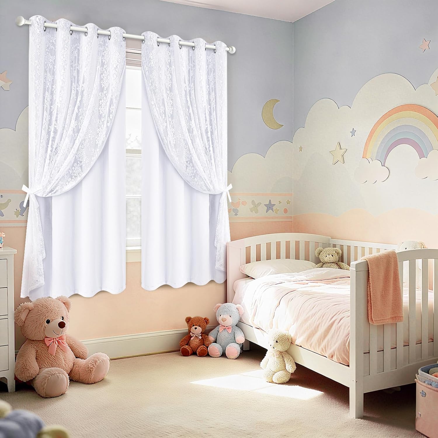 Yinhua Double Layer White Curtains for Living Room Blackout Curtains for Bedroom 63 Inch Length 2 Panels Set Kid Curtain with Tiebacks, Grommet Drapes with Floral Sheer Overlay, 52" W x 63" L