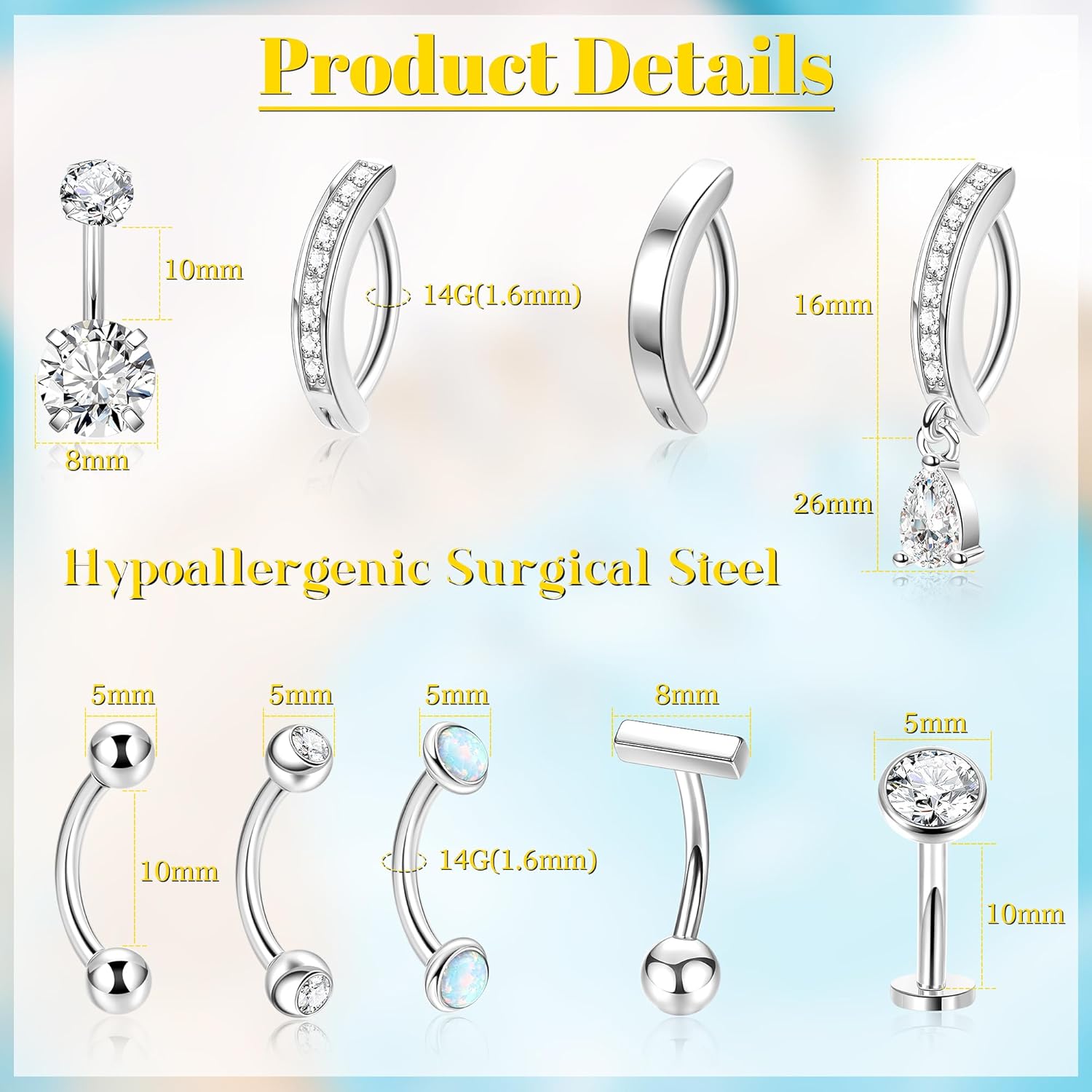 14G 9Pcs Surgical Steel Petite Belly Ring for Women Shiny CZ Clicker Belly Button Ring Hypoallergenic Curved Barbell Navel Ring Simple Floating Belly Piercing Jewelry Pack - Image 2