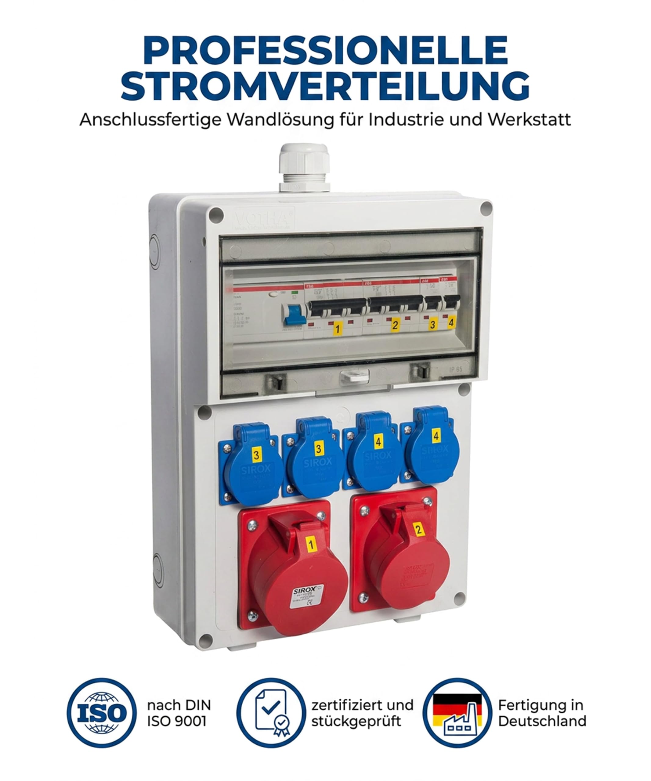 JÄGER VOTHA Wandverteiler Würzburg, Steckdosenkombination zur Wandmontage, fertig verdrahtet, CEE 32A & 16A, 4x 230V Steckdose, FI & LS Schalter, IP54, abschließbare Makrolonabdeckung