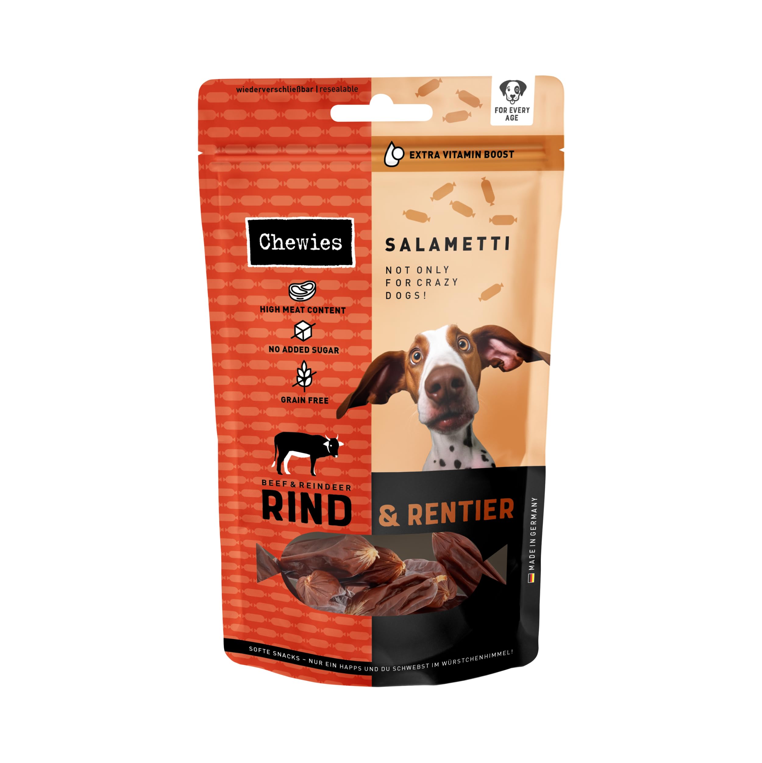 Chewies SALAMETTI Rind & Rentier- Hundeleckerli getreidefrei, mit Protein, ohne Zucker & schonend luftgetrocknet, reich an Vitaminen & Mineralstoffen (8 x 200g)
