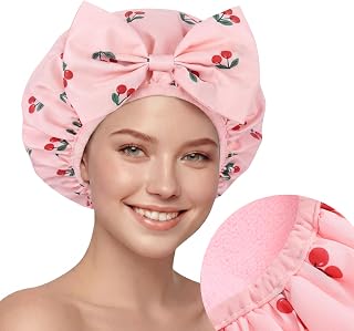 Janmercy Cherry Shower Cap for Women Terry Lined Shower Cap | Reusable Waterproof Double Layer Bath Bonnet, Adjustable Non Slip Quick Dry for Braids Long Straight Curly Hair Women Gifts