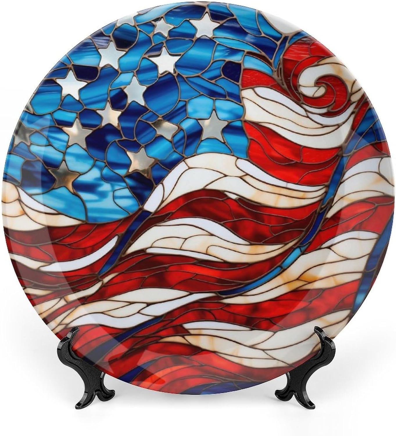 Decorative Plates for Wall Hanging, Stained Glass Design USA Flag Ceramic Plate, Wobble-Plate with Display Stand, Home Decor for Kitchen Cabinets, Farmhouse Round Tray 10 Inch, Gift for Patriotic