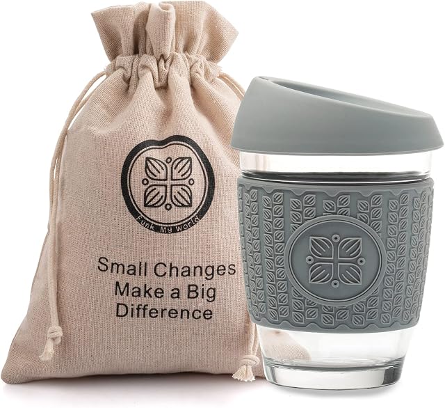 Funk My World Coffee Cup Travel  Eco-Friendly Iced Coffee Cup Borosilicate Glass - 12oz Glass Travel Mug  Thickened 3D Thermal Sleeve - Reusable Glass Coffee Cup with Lid (Grey)