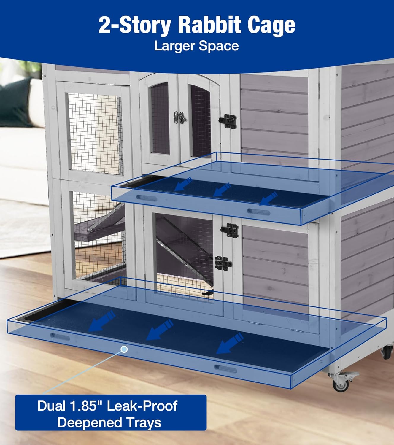 2-Story Rabbit Hutch with Wheels, Bunny Cage with Two Deepened Leak-Proof Trays, Indoor Outdoor Guinea Pig Cage with Waterproof Asphalt Roof - Grey