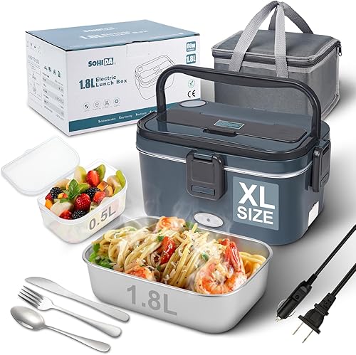 Miniatura 14 de Lonchera Calentada de 1.8L+0.5L para hombres, lonchera eléctrica de 80 W con utensilios de mango largo para adultos, lonchera Eléctrica portátil de