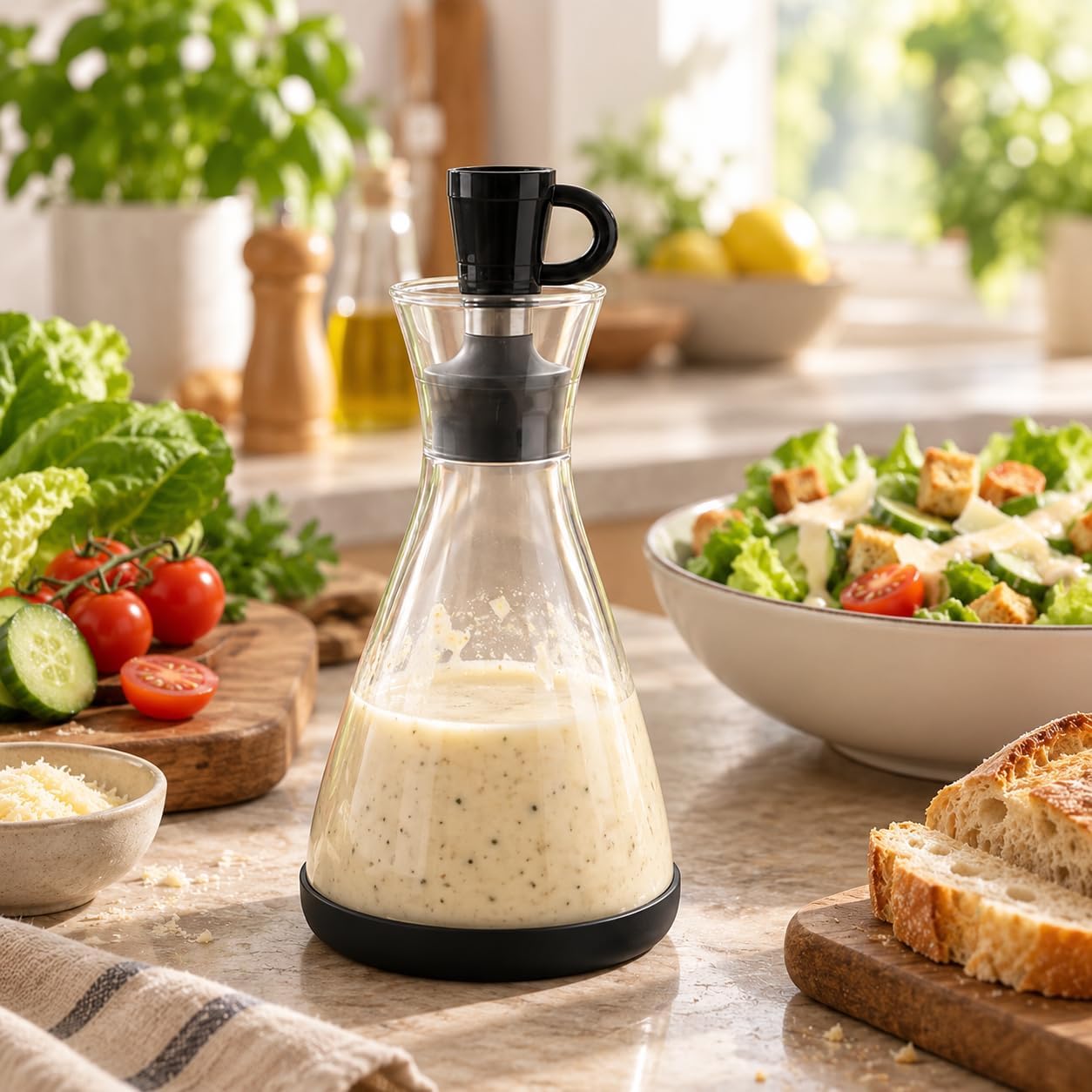 Glass Salad Dressing Shaker Bottle, 10 oz Borosilicate Glass Dressing Dispenser with Removable Lid and Controlled-Pour Spout, Dishwasher-Safe Glass Cruet for Oil, Vinegar, Sauces and Marinades, Black