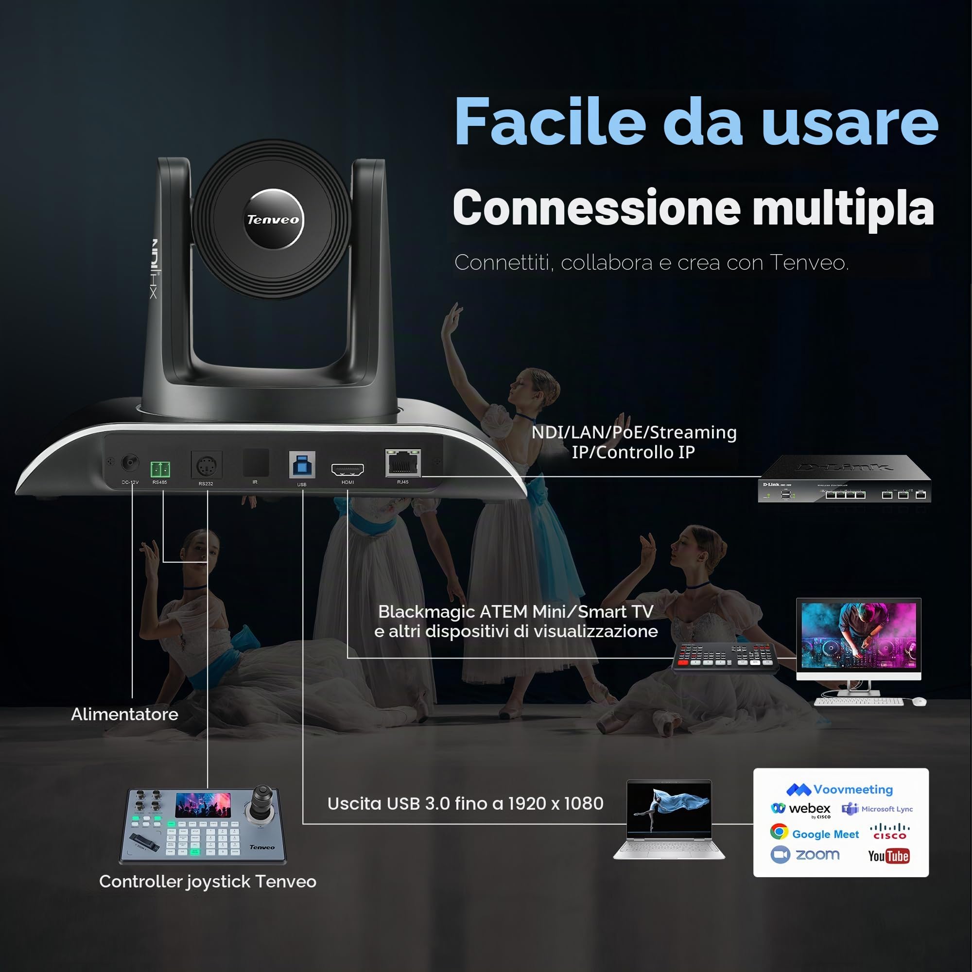 Tenveo Kit Telecamere PTZ e Controller, 2 Telecamere PTZ NDI AI Tracking 20X (HDMI/USB3.0/LAN PoE), Controller Joystick 4D con Schermo Touchscreen 7" Quad-View, Switch PoE e Switcher Video